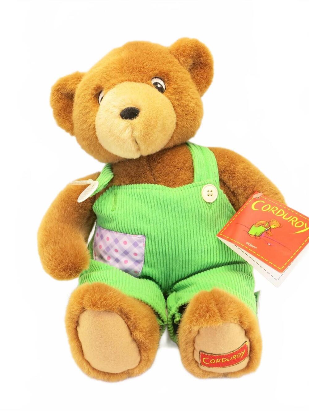 Corduroy Plush Teddy Bear By Eden In Green Overalls Vintage Toy 14"